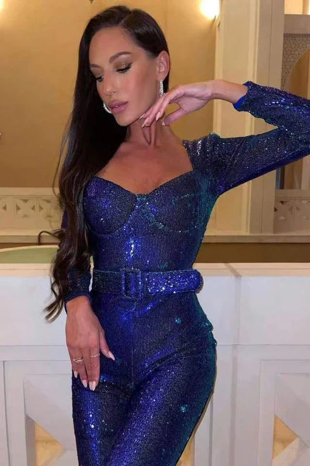 Sequin Jumpsuit with Corset Detail and Flared Legs