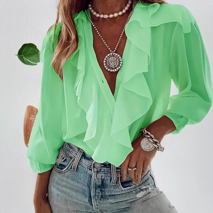 Ruffled-trim Shirt V-neck Long-sleeve Top Daily Commute Women's Clothing