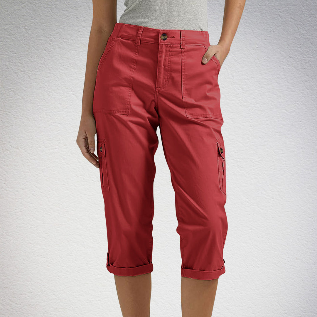 Solid Color Casual Cropped Pants - Women's High Waist Multiple Pockets Capri Trousers for Daily Wear
