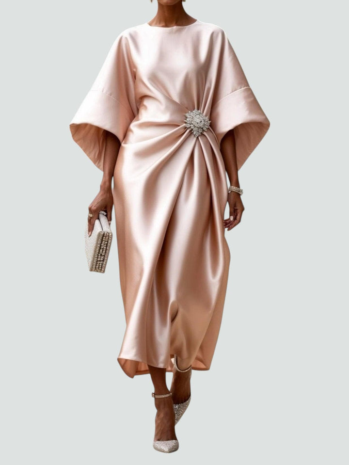 Women's Maxi Dress with Draped Brooch – Gala Dress with Cape Sleeves for Formal Occasions