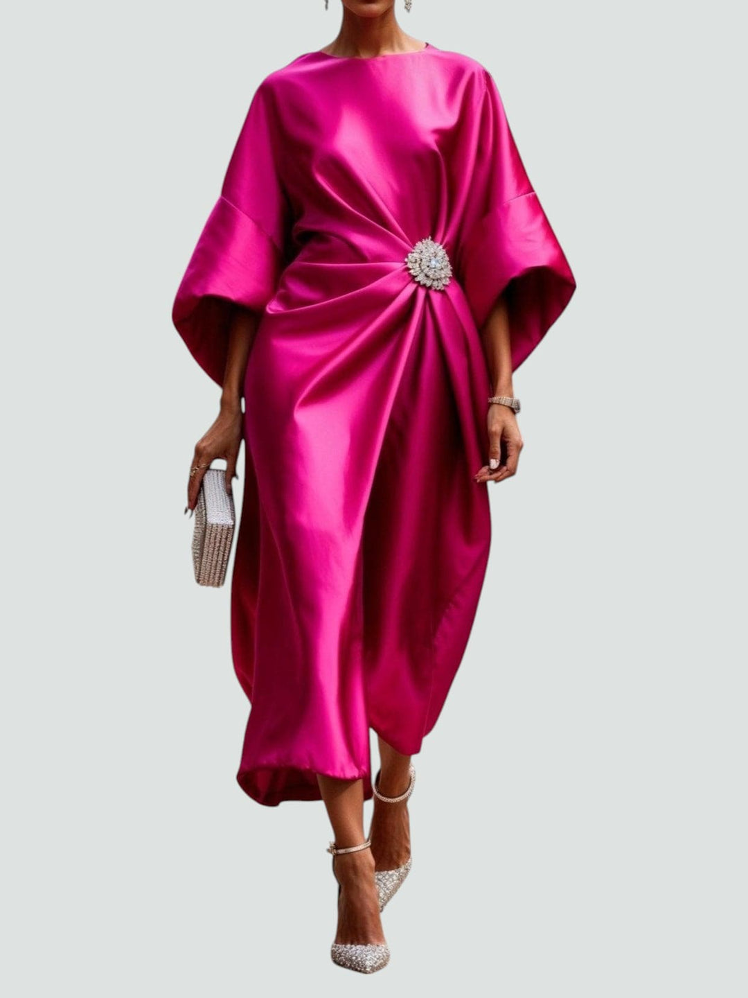 Women's Maxi Dress with Draped Brooch – Gala Dress with Cape Sleeves for Formal Occasions