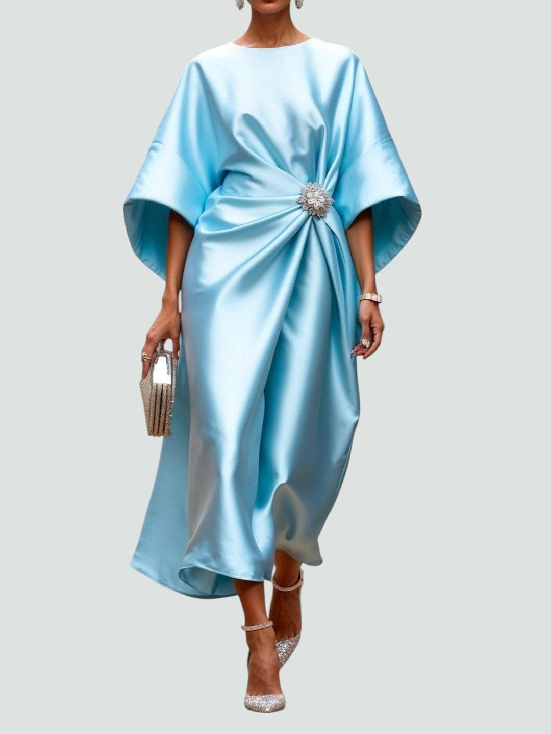 Women's Maxi Dress with Draped Brooch – Evening Dress with Cape Sleeves for Formal Occasions