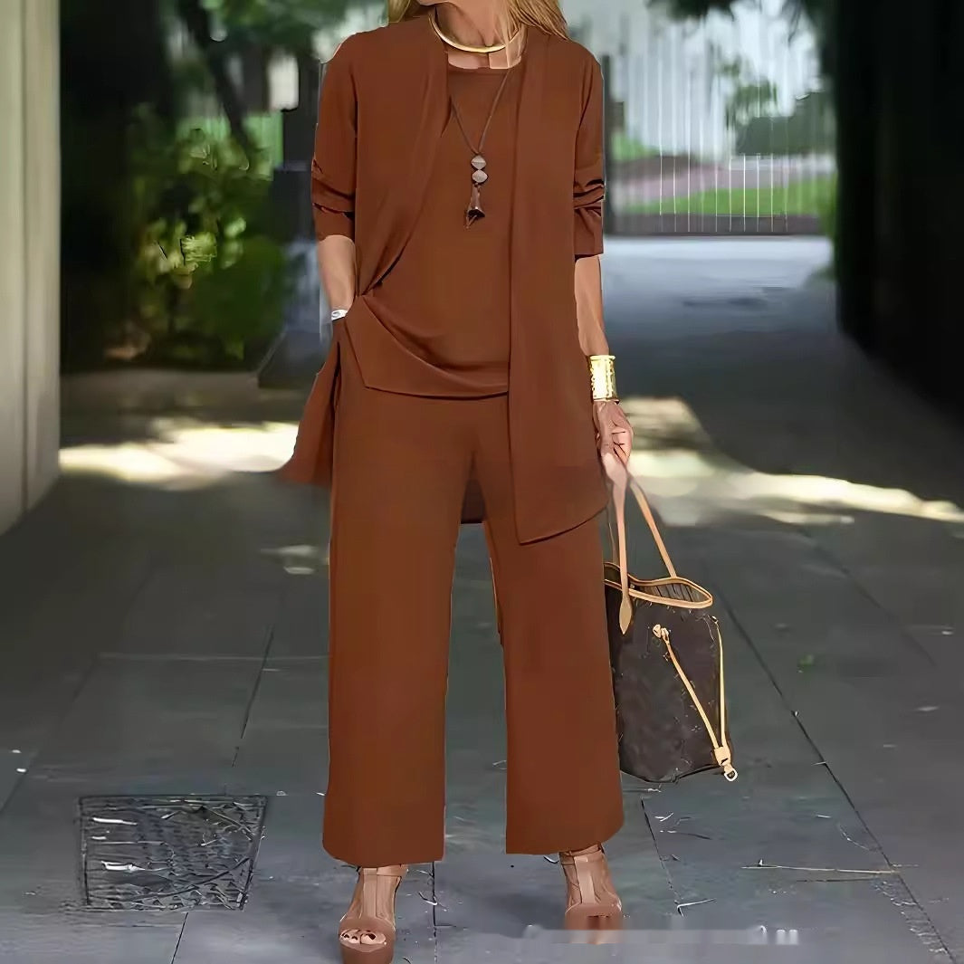 3-piece Cardigan Suit Pure Color Split Sleeveless Vest Top Long Sleeve Jacket And Wide Leg Pants Set