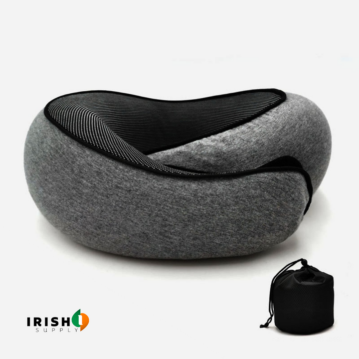 Front-support neck travel pillow with memory foam and fastener for sleeping on a plane