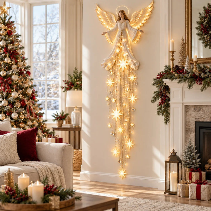 Angel Christmas Wall Light with Halo and Falling Stars, Warm White