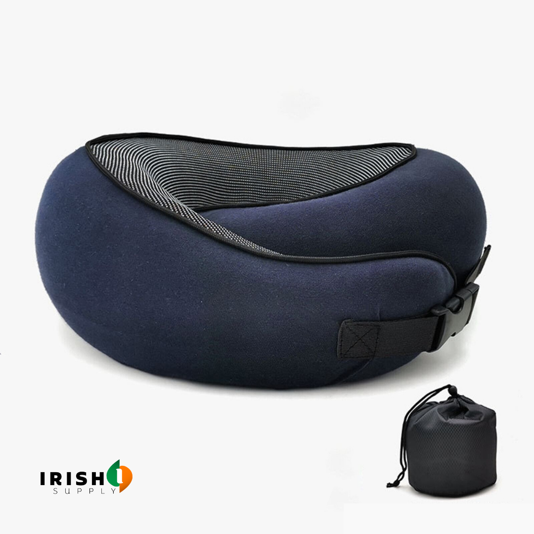 Front-support neck travel pillow with memory foam and fastener for sleeping on a plane