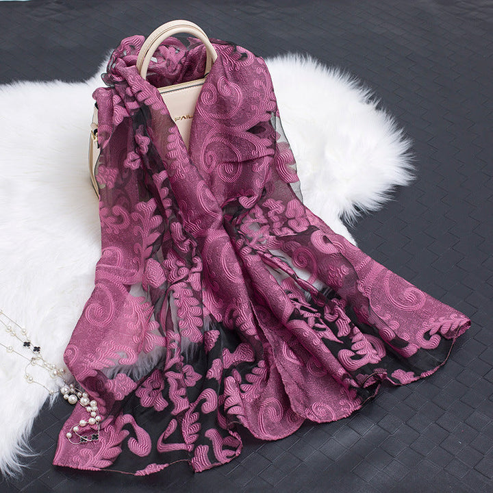 Silk Scarf with Cut Flower Pattern and Blank Motif