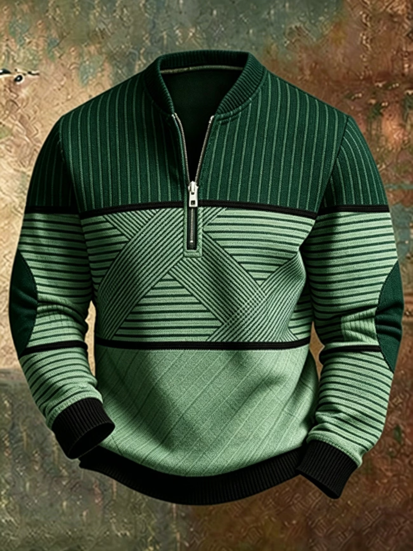 Men's sweater with stand-up collar, graphic pattern and half zip