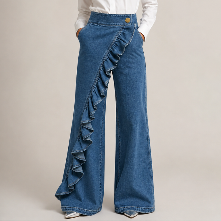 Women's Wide Denim Pants with Asymmetric Ruffle, Culotte Style
