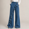 Women's Wide Denim Pants with Asymmetric Ruffle, Culotte Style