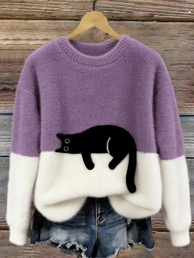 Oversized Sweater with Cat Print