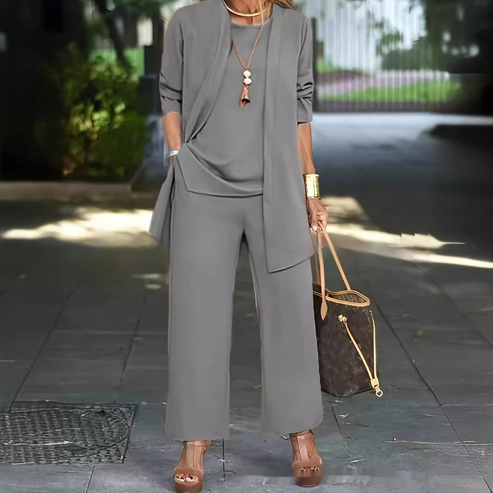 3-piece Cardigan Suit Pure Color Split Sleeveless Vest Top Long Sleeve Jacket And Wide Leg Pants Set