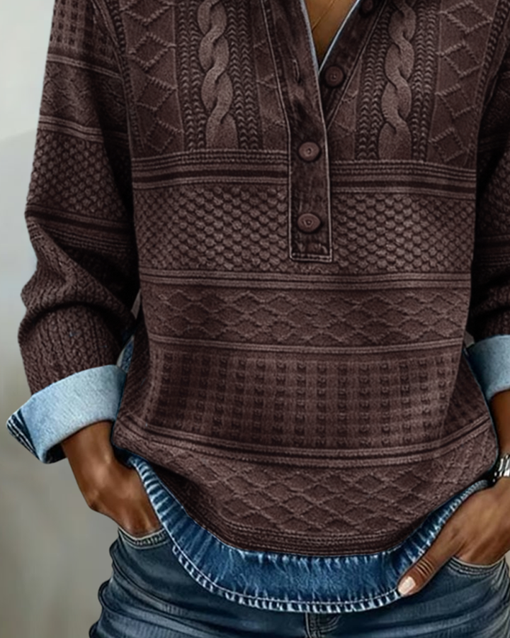 Women's Sweatshirt with Shirt Collar and Patterned Button Placket