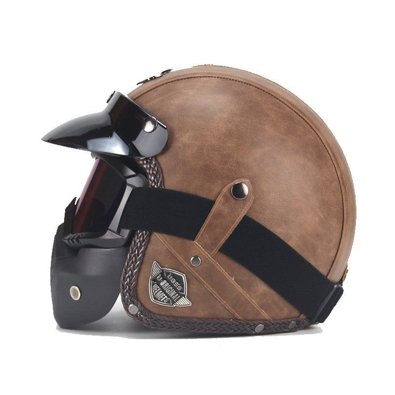 Vintage PU Leather Motorcycle Helmet with Visor and Goggle Mask
