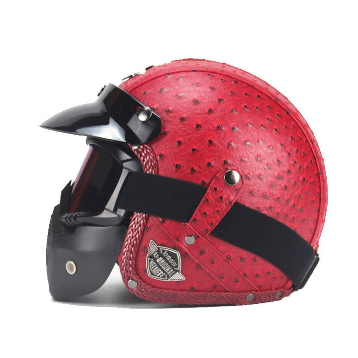 Vintage PU Leather Motorcycle Helmet with Visor and Goggle Mask