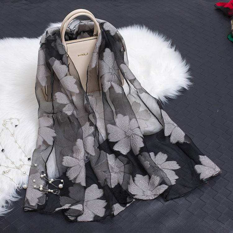 Silk Scarf with Cut Flower Pattern and Blank Motif