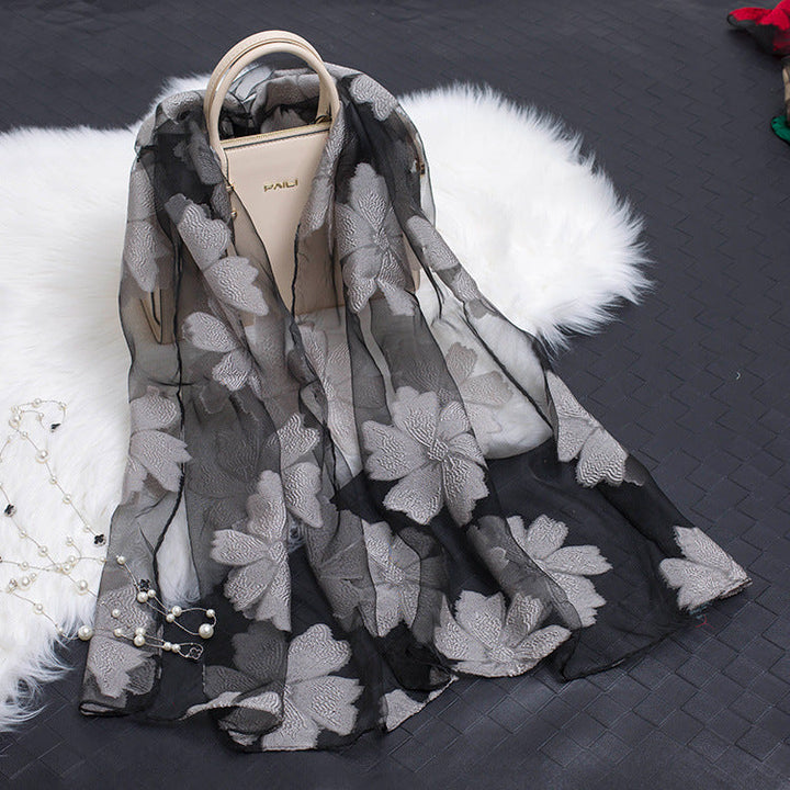 Silk Scarf with Cut Flower Pattern and Blank Motif