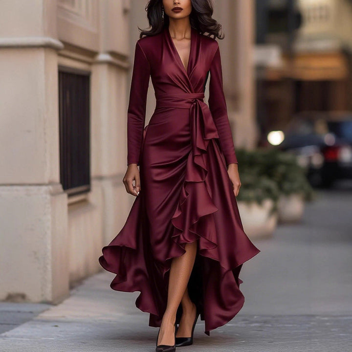 Satin V Neck Cinched Waist Dress With Ruffled Hem For An Elegant Look