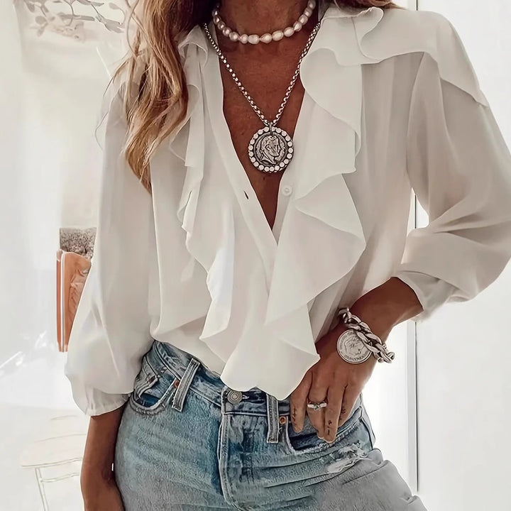 Ruffled-trim Shirt V-neck Long-sleeve Top Daily Commute Women's Clothing