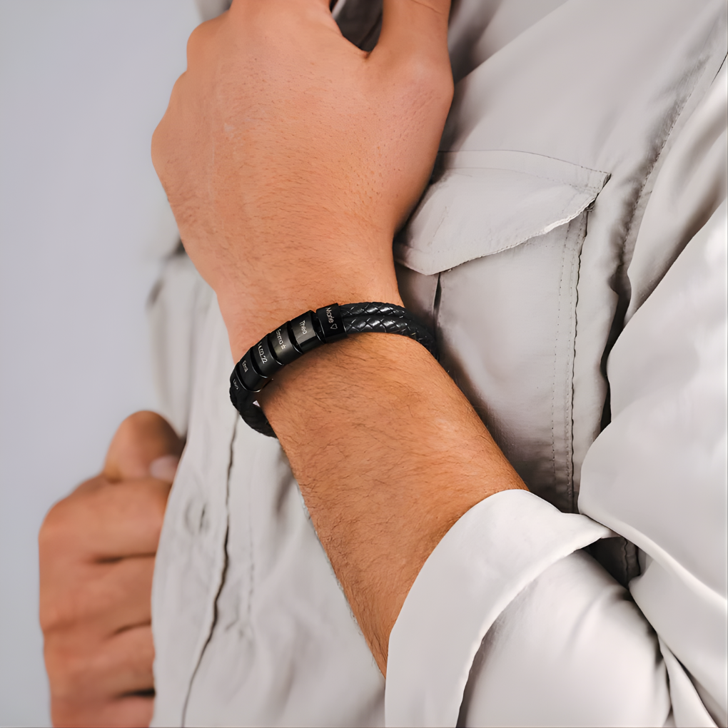 Men's Black Bracelet with Engraved Beads