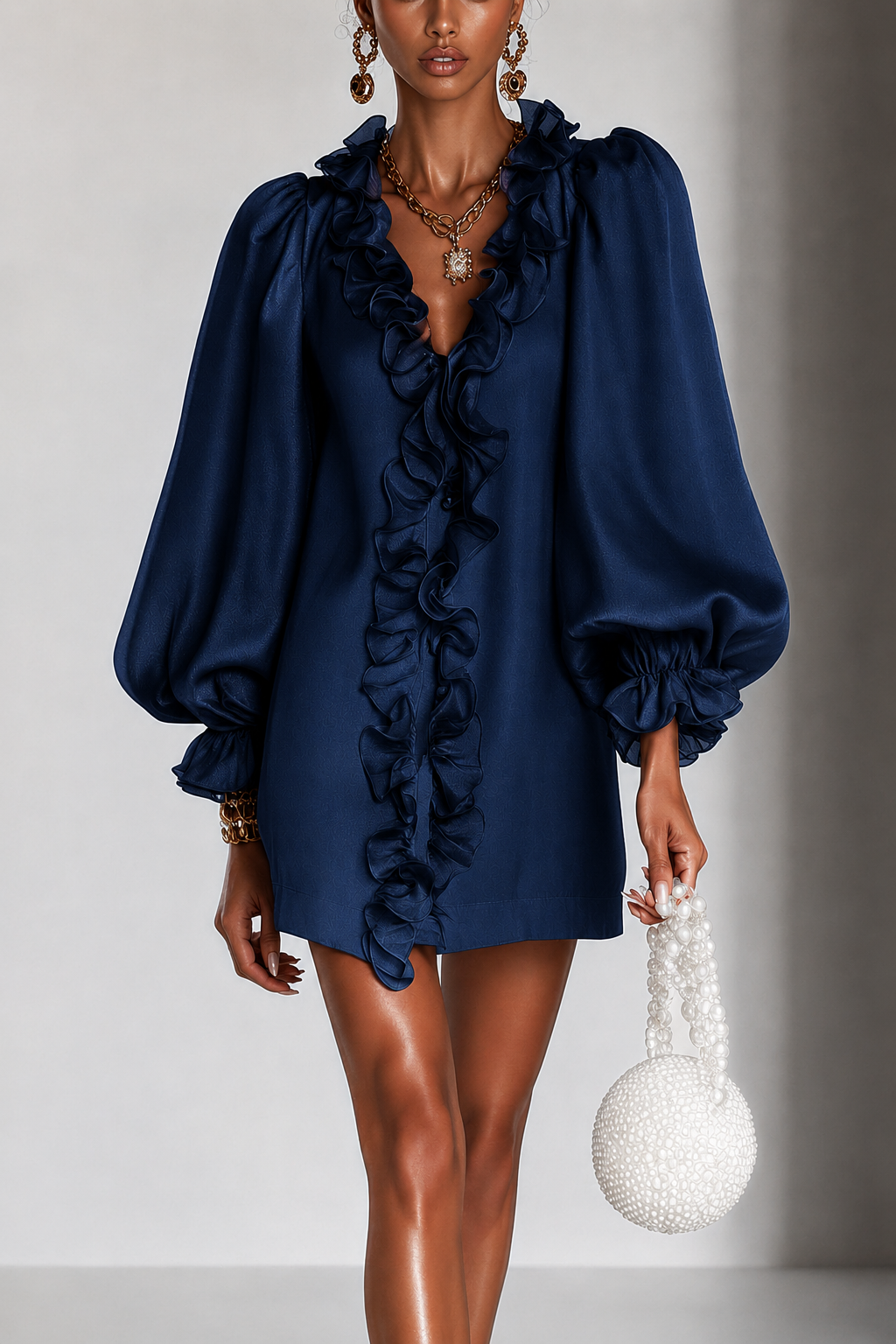 Elegant Mini Dress with Ruffles, Puff Sleeves and Subtle Shimmer