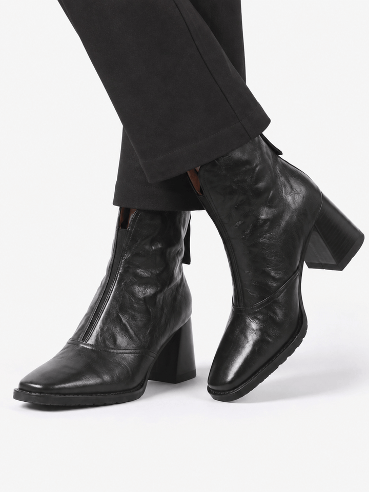 Women's Leather Zip Ankle Boots with Block Heel