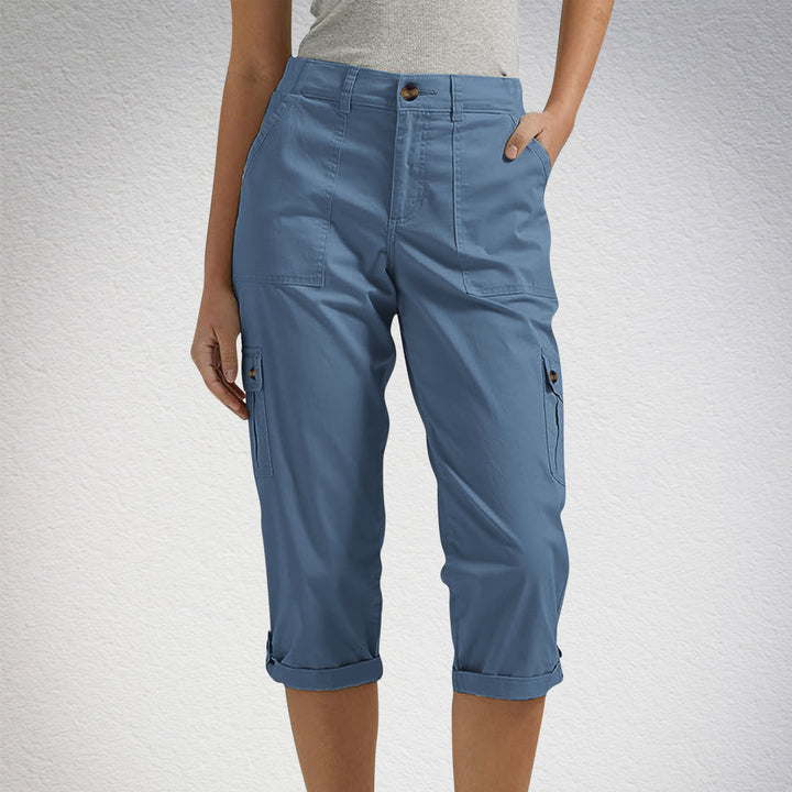 Solid Color Casual Cropped Pants - Women's High Waist Multiple Pockets Capri Trousers for Daily Wear