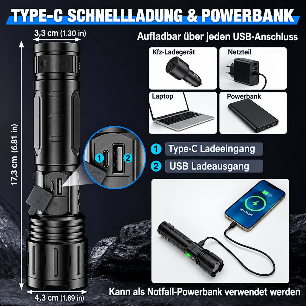 Powerful LED flashlight – up to 100,000 lumens