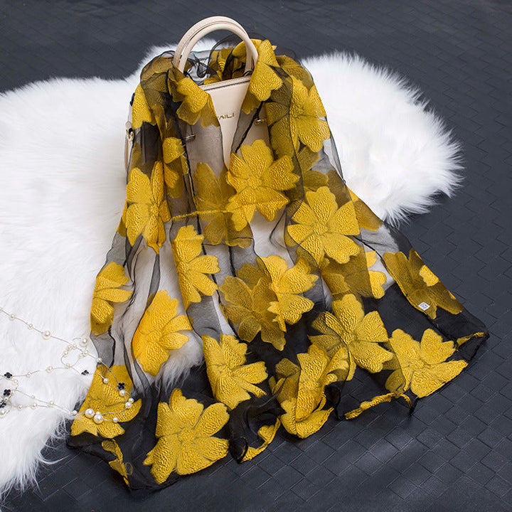 Silk Scarf with Cut Flower Pattern and Blank Motif