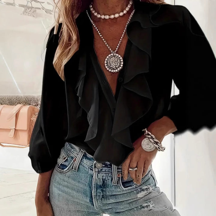 Ruffled-trim Shirt V-neck Long-sleeve Top Daily Commute Women's Clothing