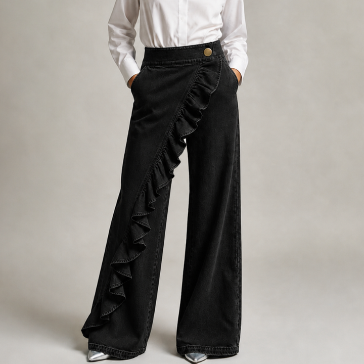 Women's Wide Denim Pants with Asymmetric Ruffle, Culotte Style