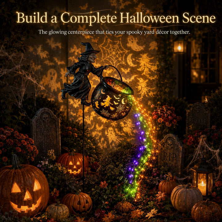 Halloween Witch's Cauldron Garden Lamp with Colorful Glow and Spooky Projections