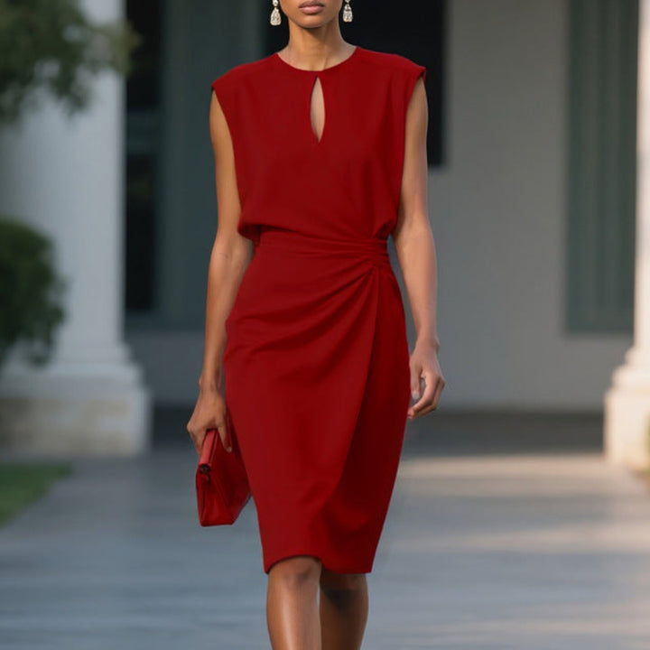 Women's Retro Elegant Solid Color Cross Front Knotted Round Neck Hollow Out Dress - Lightweight Summer Casual A-Line Midi Dress Party Dresses