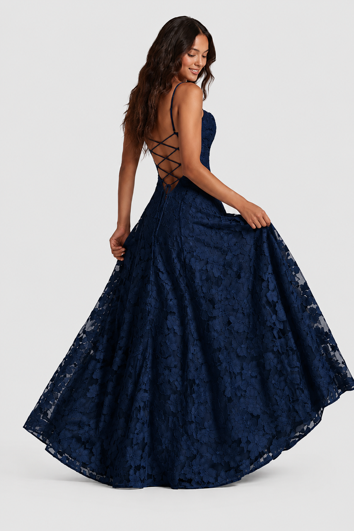 Raised 3D floral lace A-line midi-maxi dress with draped neckline