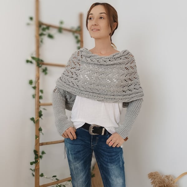 Wrap Scarf with Double Sleeves - Warm Knitted Scarf with Built-In Sleeves