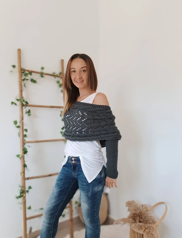 Wrap Scarf with Double Sleeves - Warm Knitted Scarf with Built-In Sleeves