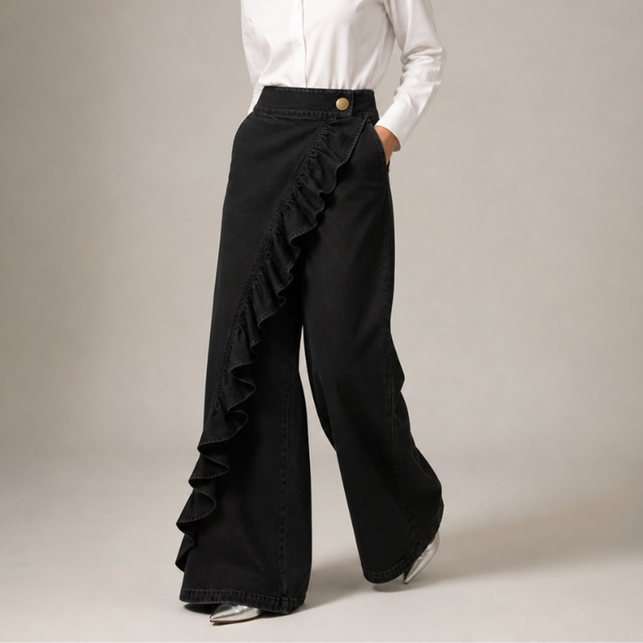 Women's Wide Denim Pants with Asymmetric Ruffle, Culotte Style