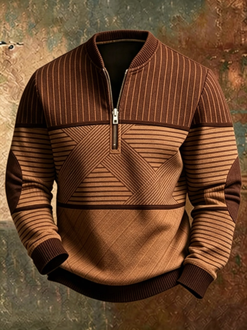 Men's sweater with stand-up collar, graphic pattern and half zip