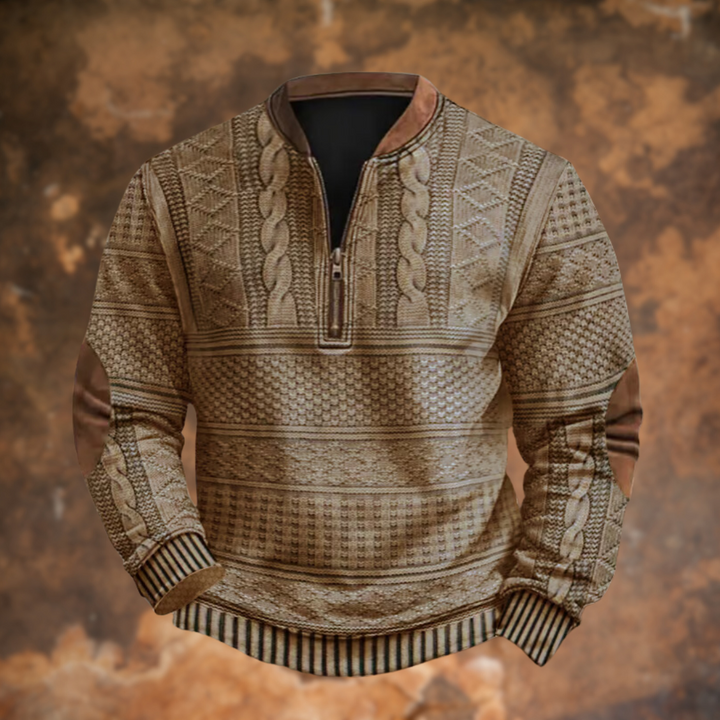 Men's Knitted Sweater with Half Zip and Elbow Patches