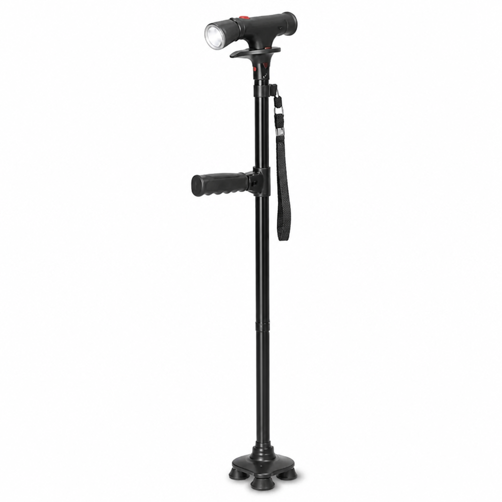 Lightweight Folding Aluminum Walking Stick with 4-Point Base, LED Light and Alarm