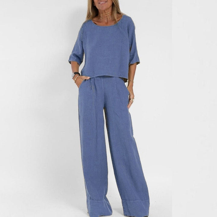 Women's Cotton And Linen Casual Cropped Sleeves Wide-leg Pants Suit