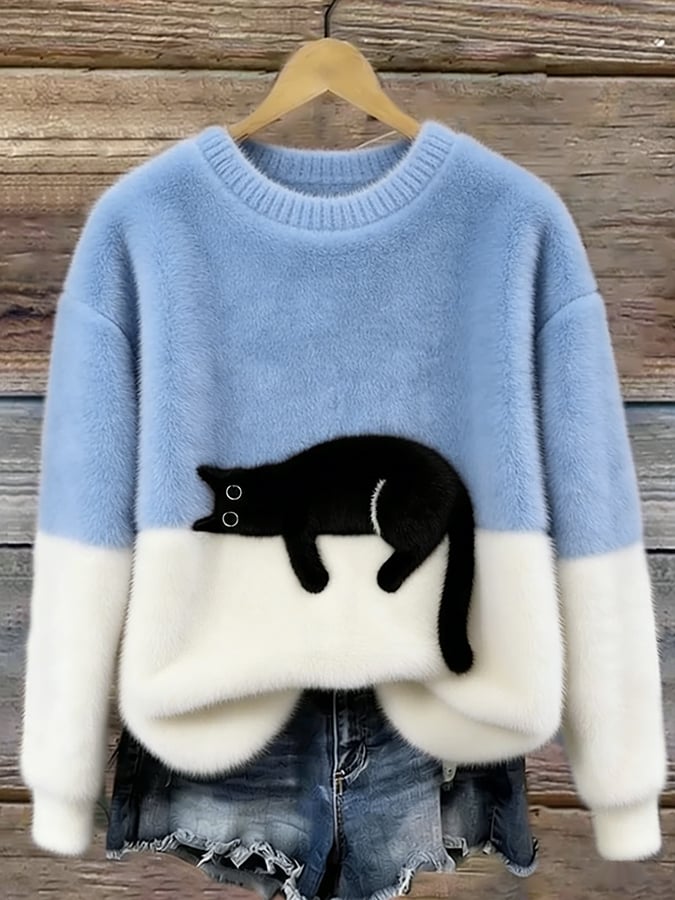 Oversized Sweater with Cat Print