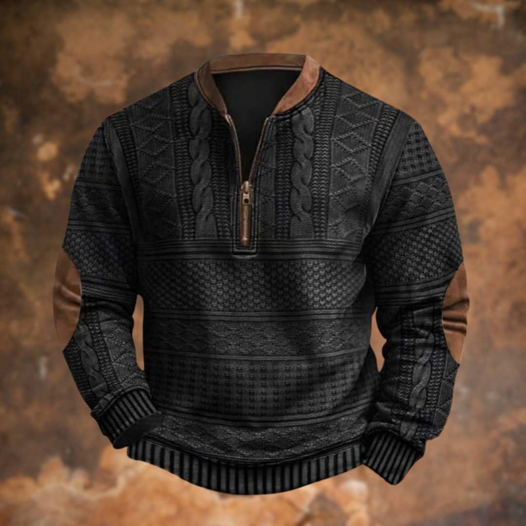 Men's Knitted Sweater with Half Zip and Elbow Patches