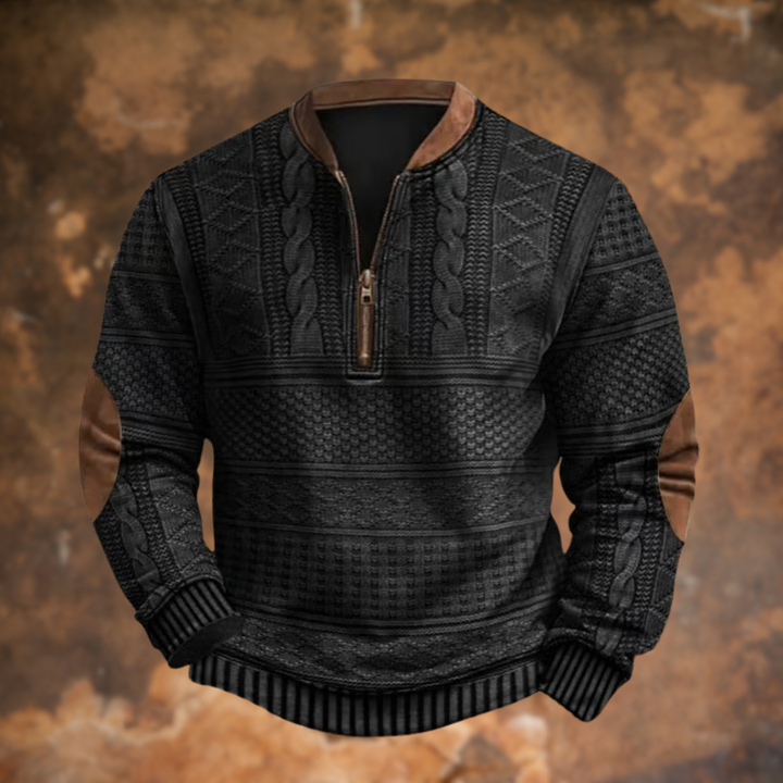 Men's Knitted Sweater with Half Zip and Elbow Patches