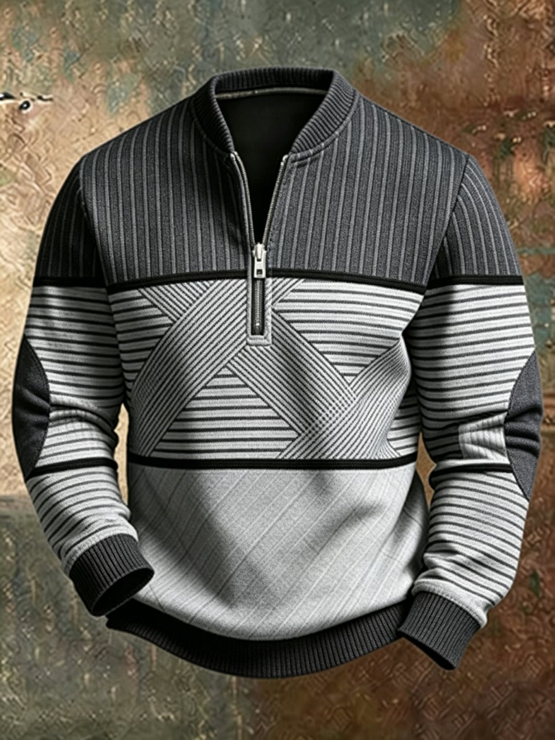Men's sweater with stand-up collar, graphic pattern and half zip