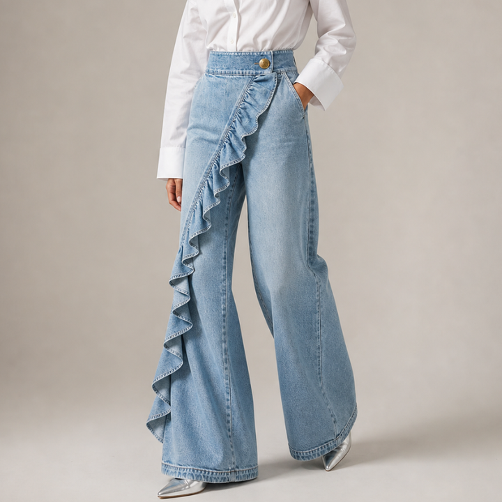 Women's Wide Denim Pants with Asymmetric Ruffle, Culotte Style