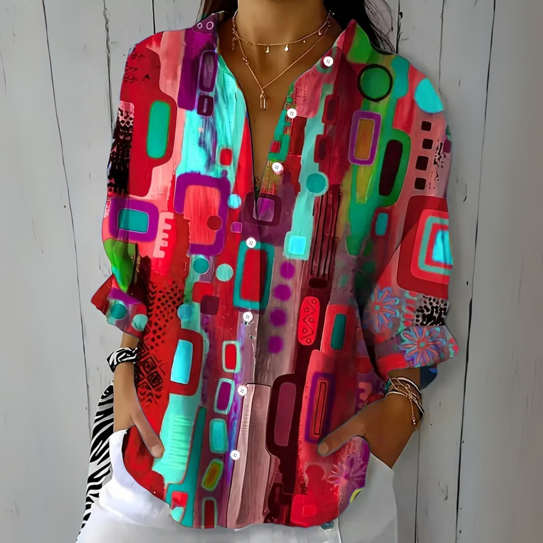 Women's Blouse with Artistically Patterned Button Fastening and Relaxed Fit