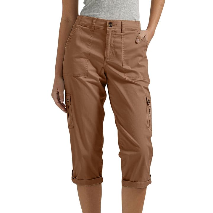 Solid Color Casual Cropped Pants - Women's High Waist Multiple Pockets Capri Trousers for Daily Wear