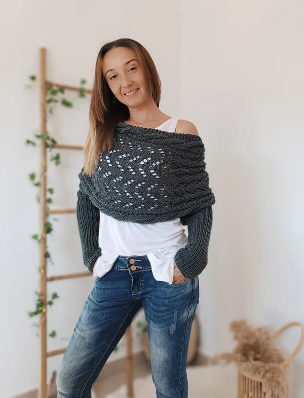 Wrap Scarf with Double Sleeves - Warm Knitted Scarf with Built-In Sleeves