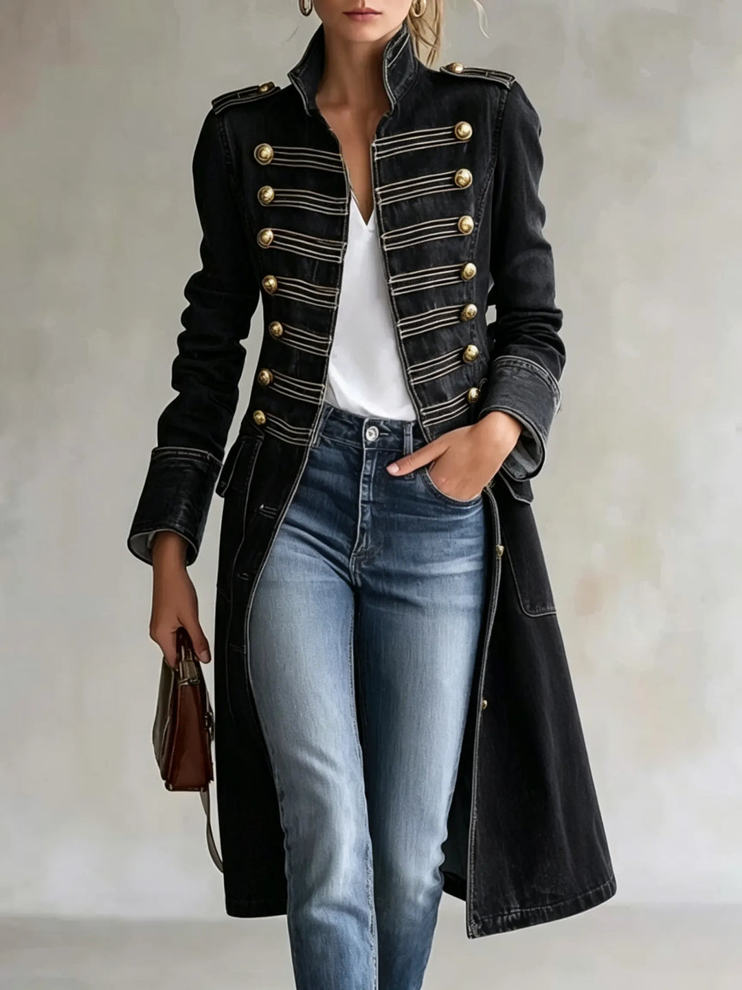Women's long military-style double-breasted coat with officer collar